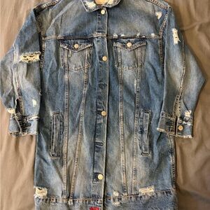 Zara Distressed Long Denim Jacket - Blue